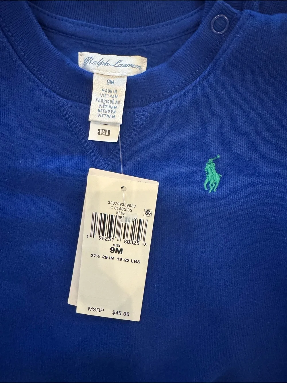 Ralph Lauren Royal Blue Baby Crewneck Sweatshirt with Green Polo Logo
